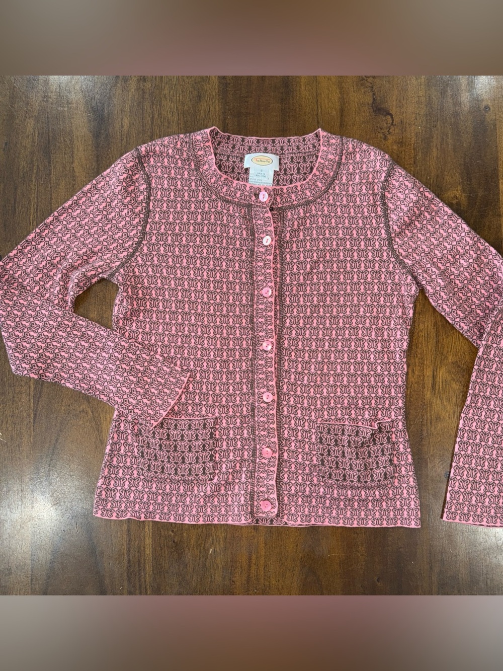 Talbots Pink Brown Butterfly Knit Sweater Cardigan Small 100% Cotton